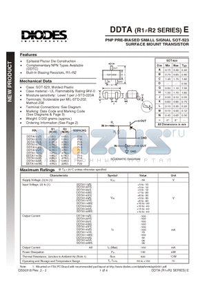 DDTA114YE-7 datasheet - PNP PRE-BIASED SMALL SIGNAL SOT-523  SURFACE MOUNT TRANSISTOR