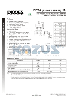 DDTA115GUA-7-F datasheet - PNP PRE-BIASED SMALL SIGNAL SOT-323 SURFACE MOUNT TRANSISTOR