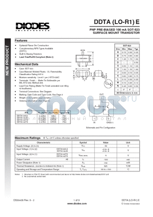 DDTA122TE-7-F datasheet - PNP PRE-BIASED 100 mA SOT-523 SURFACE MOUNT TRANSISTOR