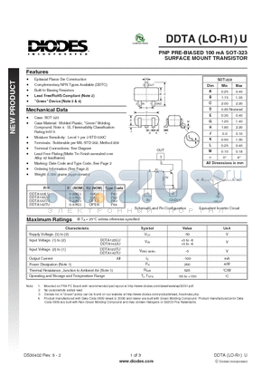 DDTA122TU-7-F datasheet - PNP PRE-BIASED 100 mA SOT-323 SURFACE MOUNT TRANSISTOR