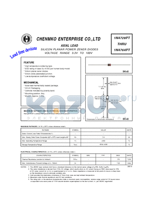 1N4728PT datasheet - SILICON PLANAR POWER ZENER DIODES VOLTAGE RANGE 3.3V TO 100V