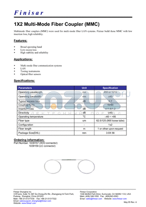 1039157 datasheet - 1X2 Multi-Mode Fiber Coupler (MMC)