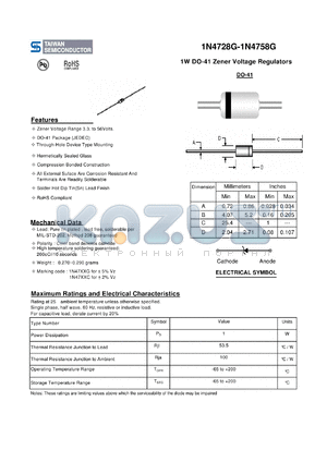 1N4729G datasheet - 1W DO-41 Zener Voltage Regulators