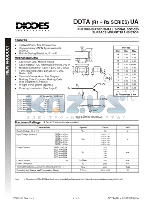 DDTA143EUA-7 datasheet - PNP PRE-BIASED SMALL SIGNAL SOT-323 SURFACE MOUNT TRANSISTOR