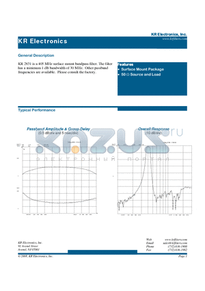 2831 datasheet - 405 MHz surface mount bandpass filter