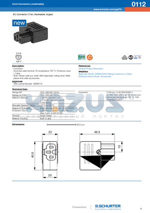 0112 datasheet - IEC Connector C15A, Rewireable, Angled
