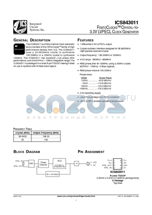 011AL datasheet - FEMTOCLOCKS-TM CRYSTAL-TO- 3.3V LVPECL CLOCK GENERATOR