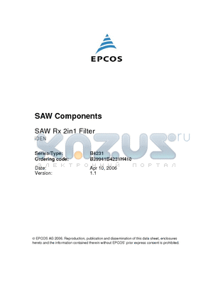 B4231 datasheet - SAW Components SAW Rx 2in1 Filter 860.5 / 938.0 MHz