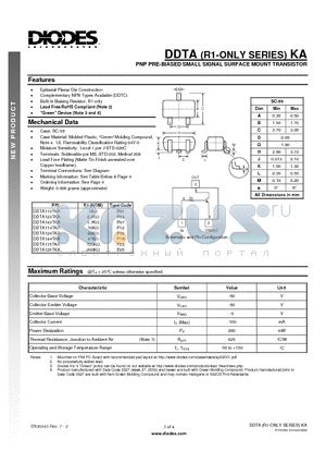 DDTA144TKA datasheet - PNP PRE-BIASED SMALL SIGNAL SURFACE MOUNT TRANSISTOR