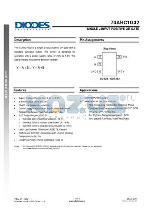 74AHC1G32 datasheet - SINGLE 2 INPUT POSITIVE OR GATE