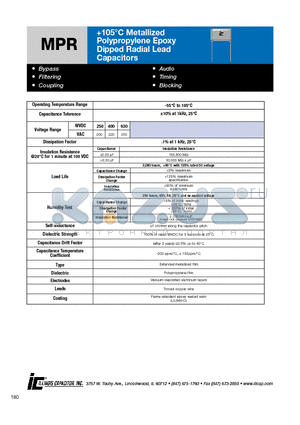 103MPR630K datasheet - 105`C Metallized Polypropylene Epoxy Dipped Radial Lead Capacitors