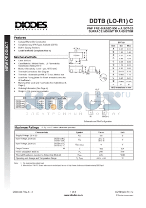 DDTB122LC-7-F datasheet - PNP PRE-BIASED 500 mA SOT-23 SURFACE MOUNT TRANSISTOR