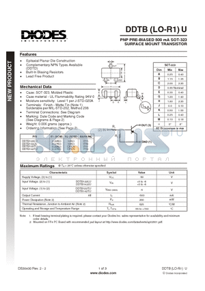 DDTB122TU datasheet - PNP PRE-BIASED 500 mA SOT-323 SURFACE MOUNT TRANSISTOR