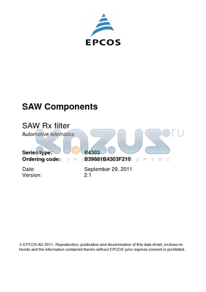 B4303 datasheet - Low-loss RF filter for mobile telephone