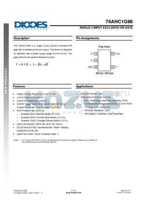 74AHC1G86 datasheet - SINGLE 2 INPUT EXCLUSIVE-OR GATE