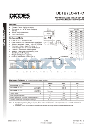 DDTBXXXXC datasheet - PNP PRE-BIASED 500 mA SOT-23 SURFACE MOUNT TRANSISTOR