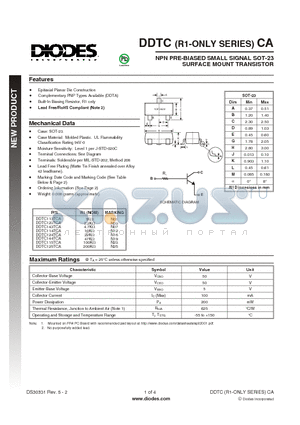 DDTC113TCA datasheet - NPN PRE-BIASED SMALL SIGNAL SOT-23 SURFACE MOUNT TRANSISTOR