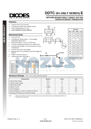 DDTC113TE-7-F datasheet - NPN PRE-BIASED SMALL SIGNAL SOT-523 SURFACE MOUNT TRANSISTOR