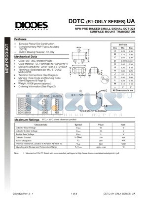 DDTC113TUA datasheet - NPN PRE-BIASED SMALL SIGNAL SOT-323 DUAL SURFACE MOUNT TRANSISTOR