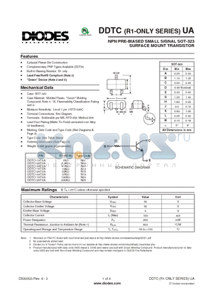 DDTC113TUA-13-F datasheet - NPN PRE-BIASED SMALL SIGNAL SOT-323 SURFACE MOUNT TRANSISTOR