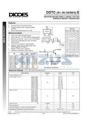 DDTC113ZE-7 datasheet - NPN PRE-BIASED SMALL SIGNAL SOT-523  SURFACE MOUNT TRANSISTOR