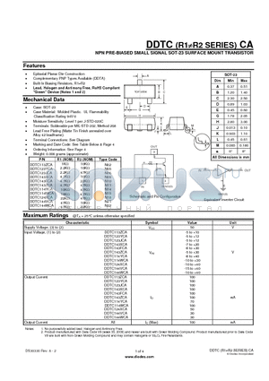 DDTC113ZCA_2 datasheet - NPN PRE-BIASED SMALL SIGNAL SOT-23 SURFACE MOUNT TRANSISTOR