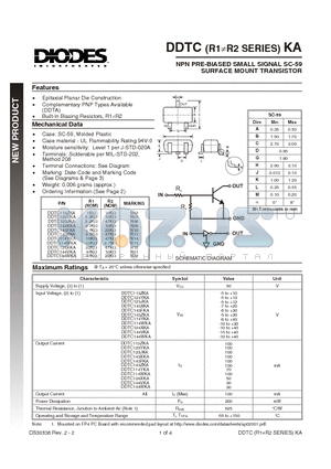 DDTC113ZKA-7 datasheet - NPN PRE-BIASED SMALL SIGNAL SC-59 SURFACE MOUNT TRANSISTOR