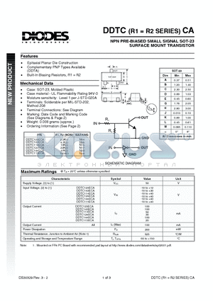 DDTC114ECA datasheet - NPN PRE-BIASED SMALL SIGNAL SOT-23 SURFACE MOUNT TRANSISTOR