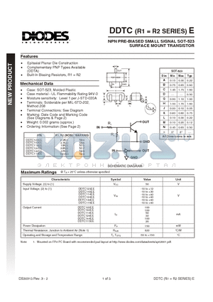 DDTC114EE datasheet - NPN PRE-BIASED SMALL SIGNAL SOT-523  SURFACE MOUNT TRANSISTOR