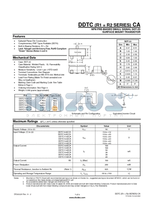 DDTC114ECA datasheet - NPN PRE-BIASED SMALL SIGNAL SOT-23