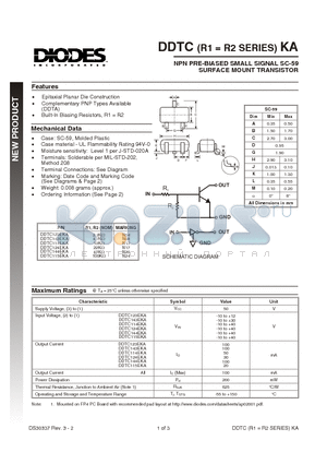 DDTC114EKA datasheet - NPN PRE-BIASED SMALL SIGNAL SC-59 SURFACE MOUNT TRANSISTOR