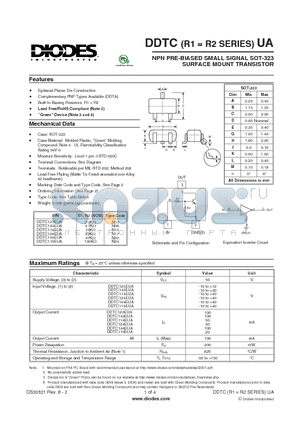 DDTC114EUA-7-F datasheet - NPN PRE-BIASED SMALL SIGNAL SOT-323 SURFACE MOUNT TRANSISTOR