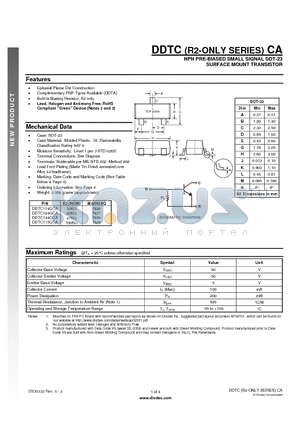 DDTC114GCA datasheet - NPN PRE-BIASED SMALL SIGNAL SOT-23