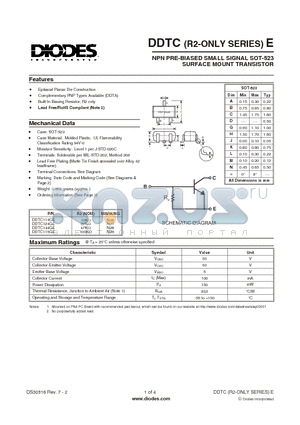 DDTC114GE datasheet - NPN PRE-BIASED SMALL SIGNAL SOT-523 SURFACE MOUNT TRANSISTOR