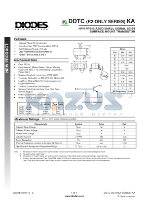 DDTC114GKA datasheet - NPN PRE-BIASED SMALL SIGNAL SC-59 SURFACE MOUNT TRANSISTOR