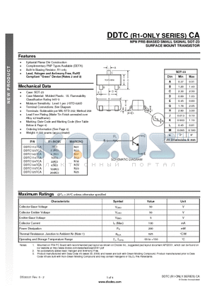 DDTC114TCA datasheet - NPN PRE-BIASED SMALL SIGNAL SOT-23