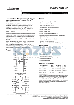 28478FAZ datasheet - Dual and Quad Micropower Single Supply Rail-to-Rail Input and Output (RRIO) Op-Amp