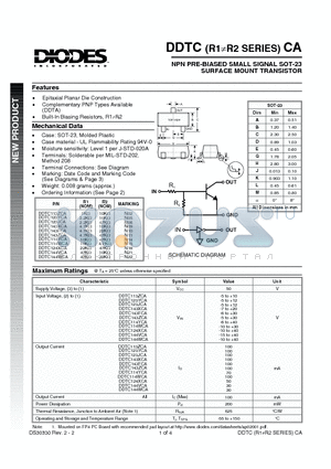 DDTC114YCA-7 datasheet - NPN PRE-BIASED SMALL SIGNAL SOT-23 SURFACE MOUNT TRANSISTOR