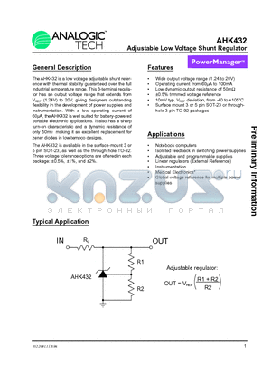 AHK432IGV-1-T1 datasheet - Adjustable Low Voltage Shunt Regulator