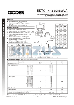 DDTC114YUA datasheet - NPN PRE-BIASED SMALL SIGNAL SOT-323 DUAL SURFACE MOUNT TRANSISTOR