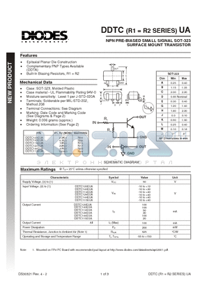 DDTC115EUA-7 datasheet - NPN PRE-BIASED SMALL SIGNAL SOT-323 SURFACE MOUNT TRANSISTOR