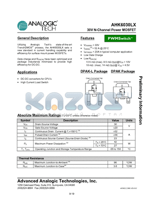 AHK6030LX datasheet - 30V N-Channel Power MOSFET