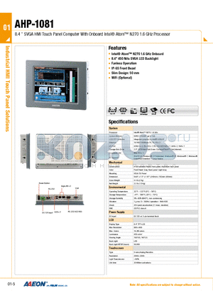 AHP-1081 datasheet - 8.4  SVGA HMI Touch Panel Computer With Onboard Intel Atom N270 1.6 GHz Processor