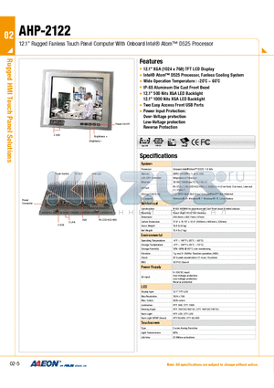 AHP-2122 datasheet - 12.1 Rugged Fanless Touch Panel Computer With Onboard Intel Atom D525 Processor