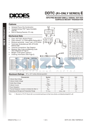 DDTC115TE-7 datasheet - NPN PRE-BIASED SMALL SIGNAL SOT-523  SURFACE MOUNT TRANSISTOR