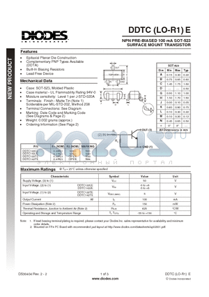 DDTC122LE datasheet - NPN PRE-BIASED 100 mA SOT-523 SURFACE MOUNT TRANSISTOR