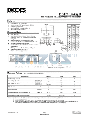 DDTC122LU datasheet - NPN PRE-BIASED 100 mA SURFACE MOUNT TRANSISTOR