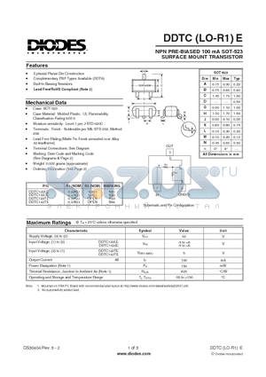 DDTC122TE datasheet - NPN PRE-BIASED 100 mA SOT-523 SURFACE MOUNT TRANSISTOR