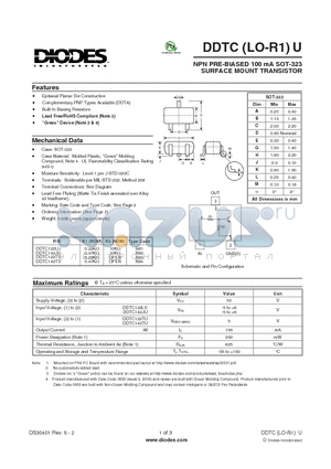 DDTC122TU-7-F datasheet - NPN PRE-BIASED 100 mA SOT-323 SURFACE MOUNT TRANSISTOR