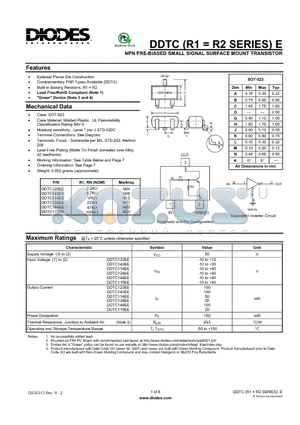 DDTC123EE datasheet - NPN PRE-BIASED SMALL SIGNAL SURFACE MOUNT TRANSISTOR